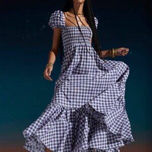 NWT Caroline Constas Navy/White Gingham Maxi Gianna Dress s